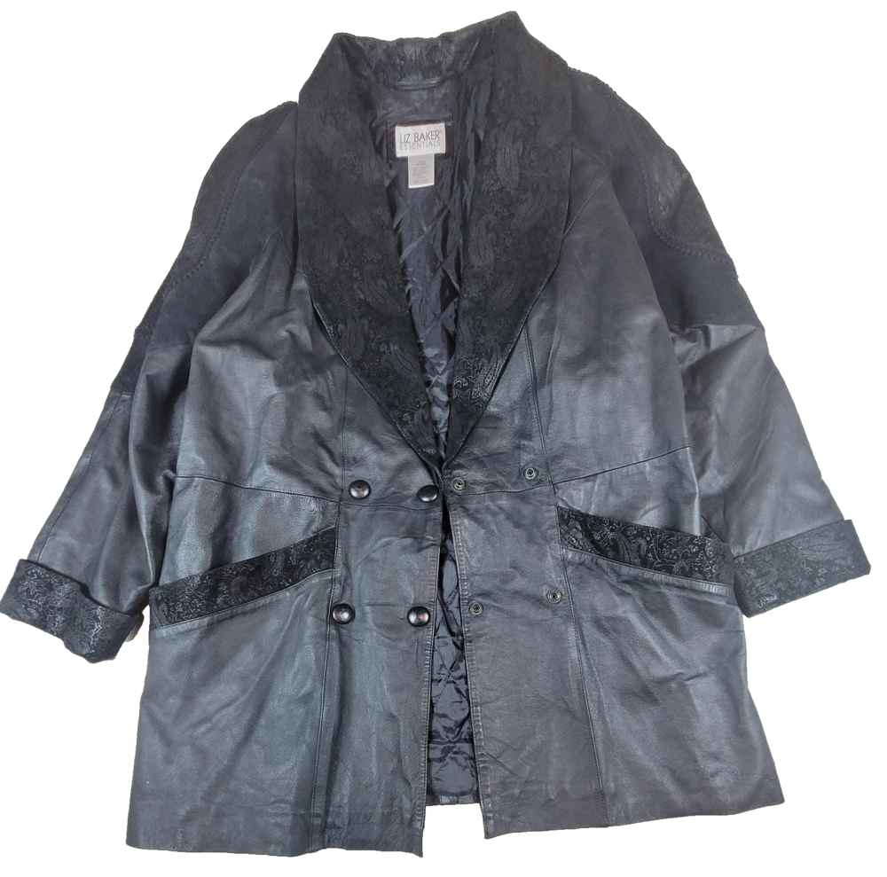 Liz Baker Essentials Jacket Womens Black Large Leather Paisley Belt Quilt Lined